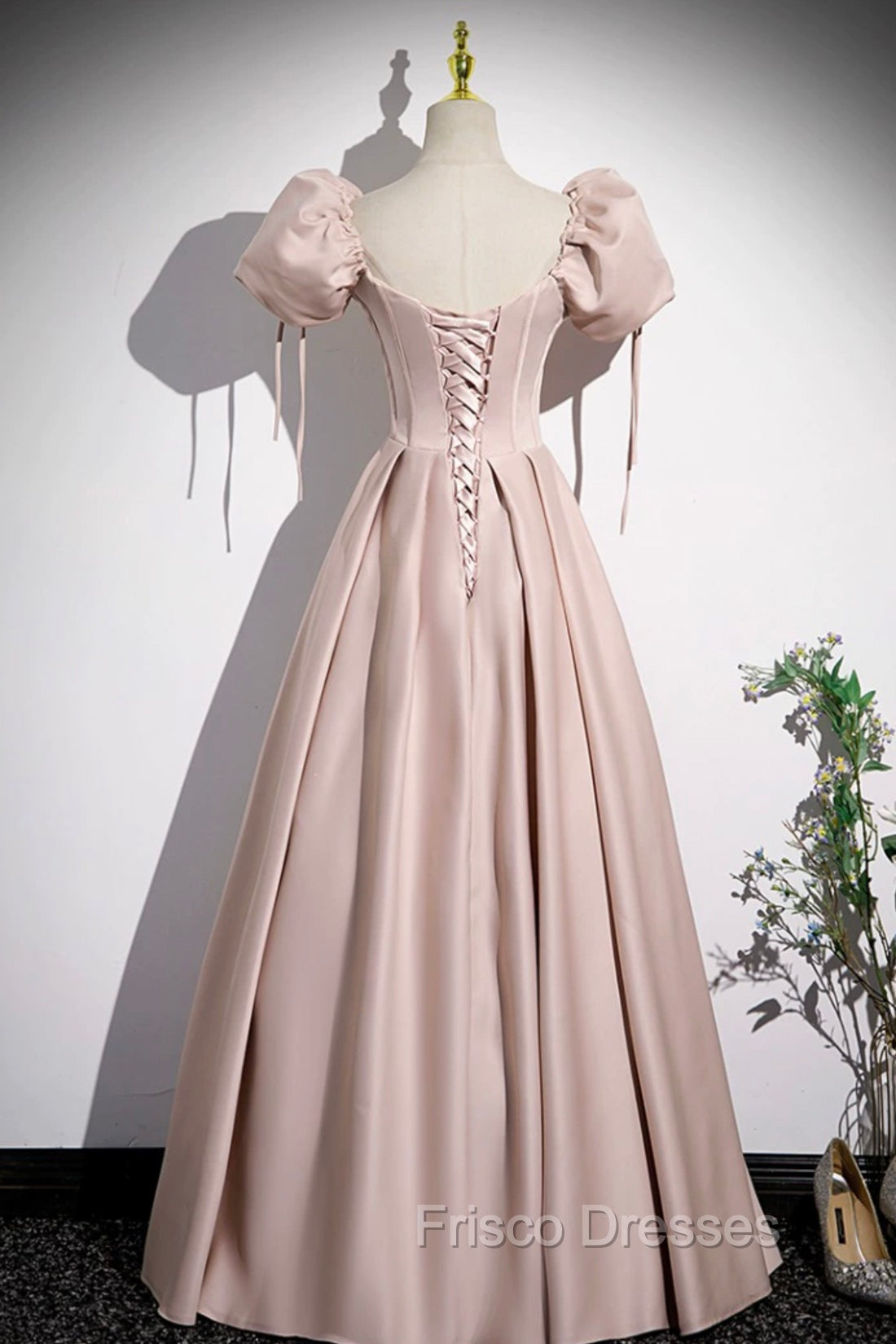 A-Line Satin Floor Length Pink Corset Formal Prom Dress, Off the Shoul