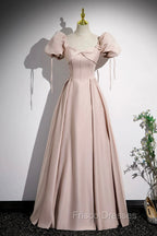 A-Line Satin Floor Length Pink Corset Formal Prom Dress, Off the Shoulder Evening Dress