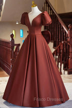 A-Line Satin Floor Length Formal Prom Dress, Elegant Short Sleeve Evening Party Dress