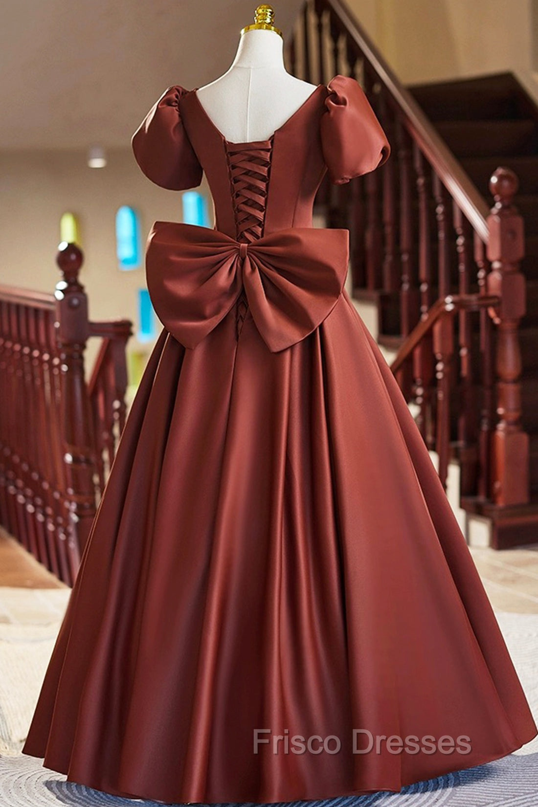 A-Line Satin Floor Length Formal Prom Dress, Elegant Short Sleeve Evening Party Dress