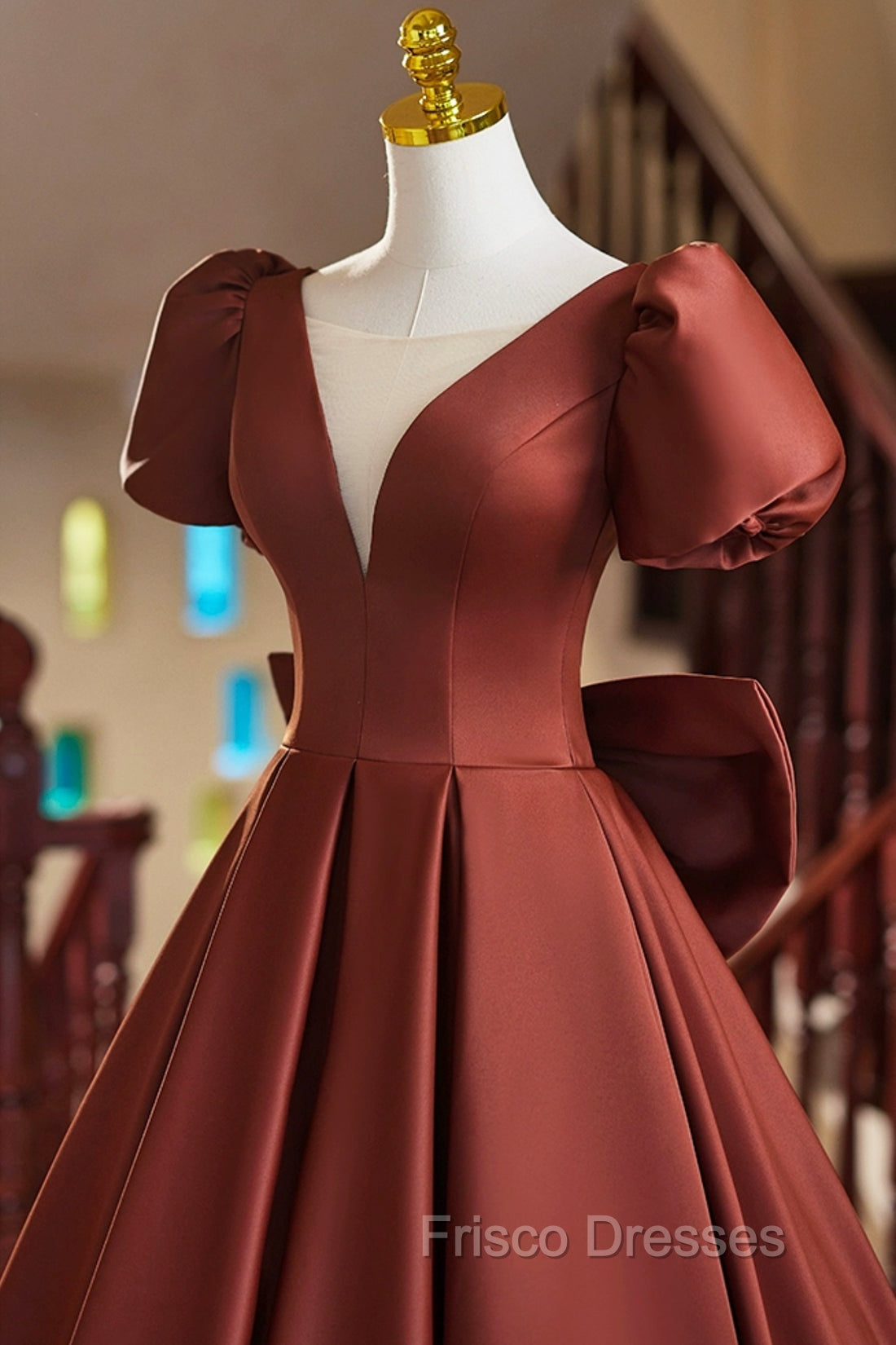 A-Line Satin Floor Length Formal Prom Dress, Elegant Short Sleeve Evening Party Dress