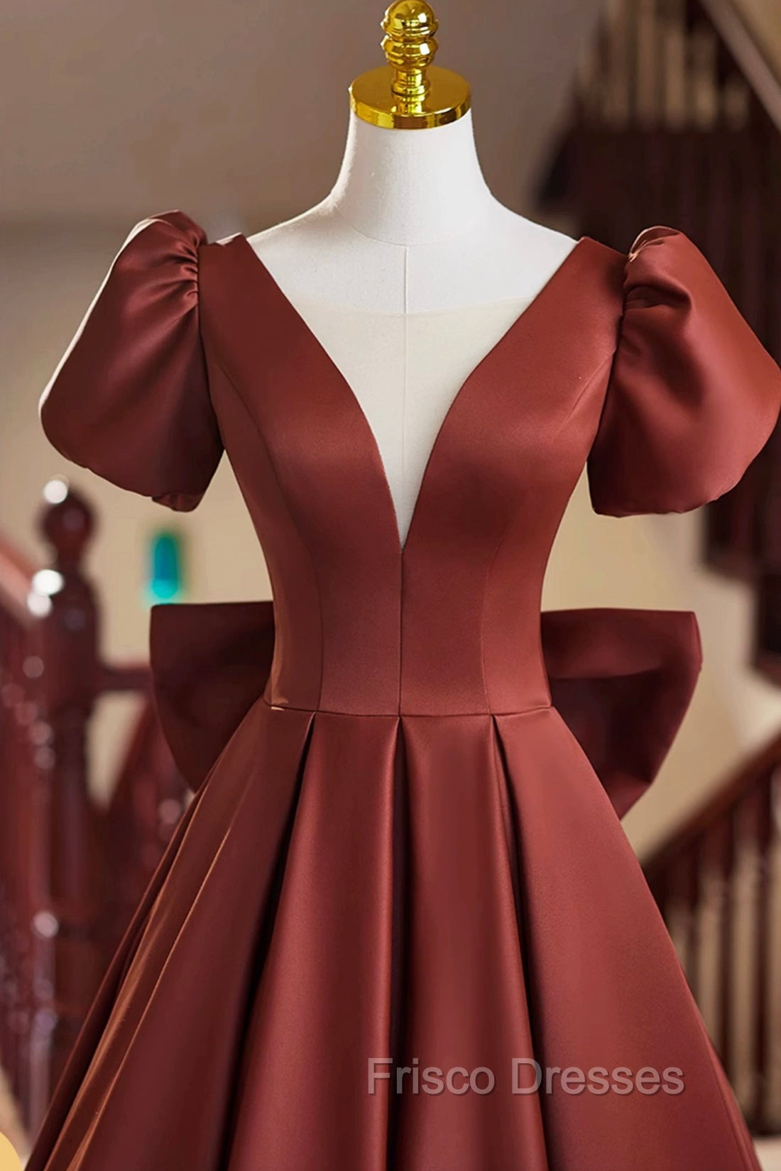 A-Line Satin Floor Length Formal Prom Dress, Elegant Short Sleeve Evening Party Dress