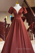 A-Line Satin Floor Length Formal Prom Dress, Elegant Short Sleeve Evening Party Dress