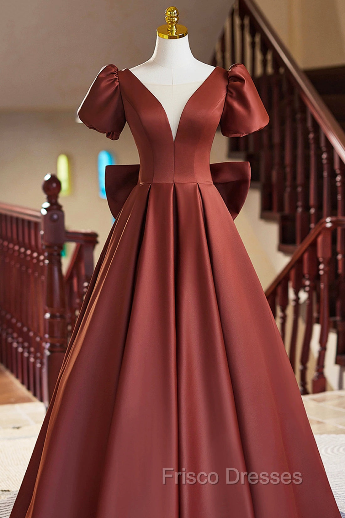 A-Line Satin Floor Length Formal Prom Dress, Elegant Short Sleeve Evening Party Dress
