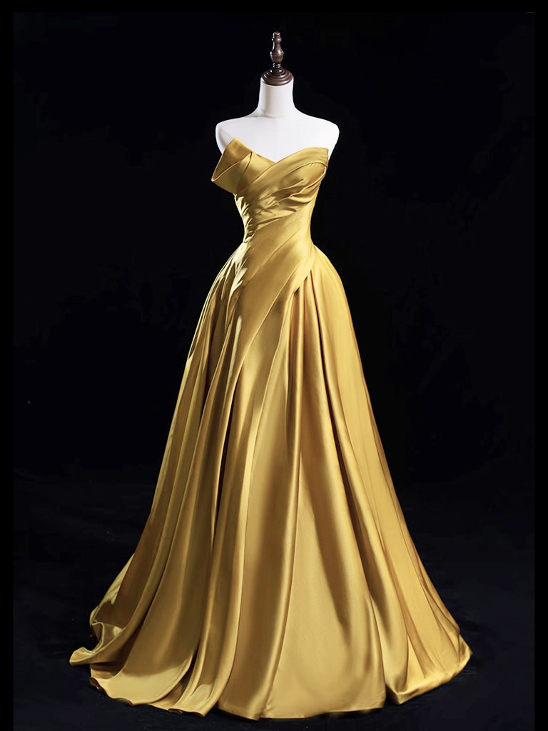 A-Line Satin Gold Long Prom Dress, Gold Long Formal Dress Main image