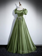 A-Line Satin Green Long Formal Prom Dress, Green Formal Evening Dress