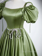 A-Line Satin Green Long Formal Prom Dress, Green Formal Evening Dress