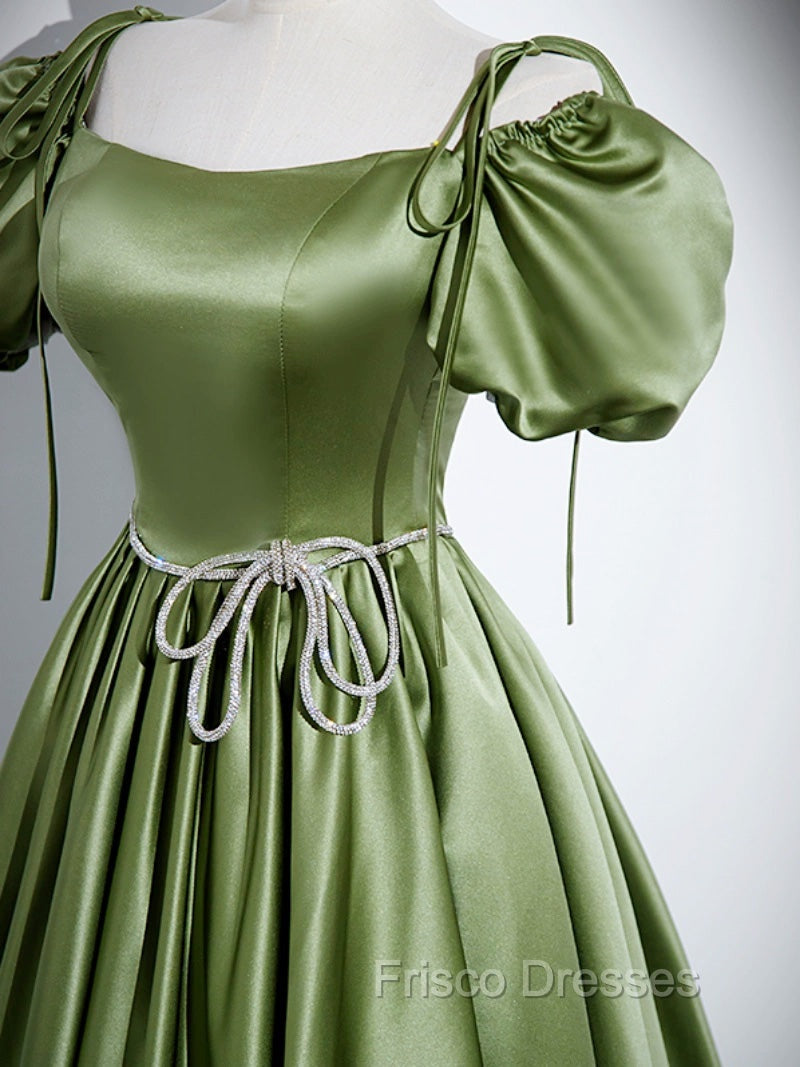A-Line Satin Green Long Formal Prom Dress, Green Formal Evening Dress