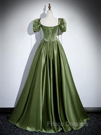 A-Line Satin Green Long Formal Prom Dress, Green Formal Evening Dress