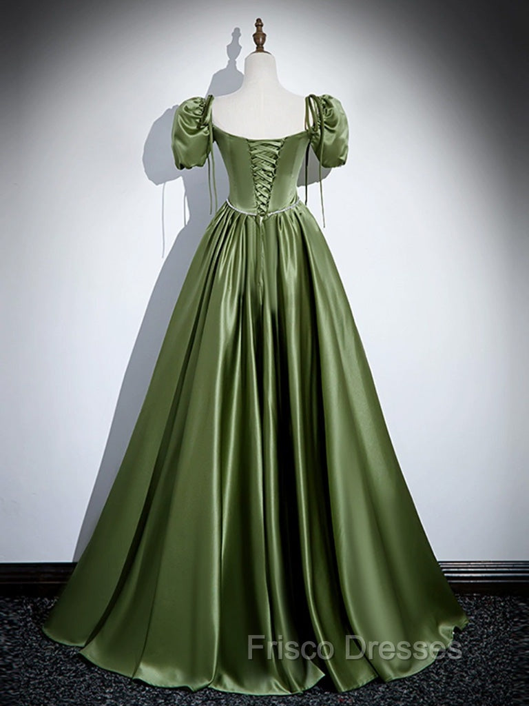 A-Line Satin Green Long Formal Prom Dress, Green Formal Evening Dress