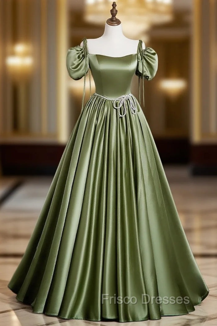 A-Line Satin Green Long Formal Prom Dress, Green Formal Evening Dress