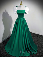 A-Line Satin Green Long Formal Prom Dress, Green A-Line Formal Dress