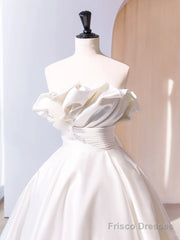 A-Line Satin Ivory Long Prom Dress, Ivory Long Evening Dress