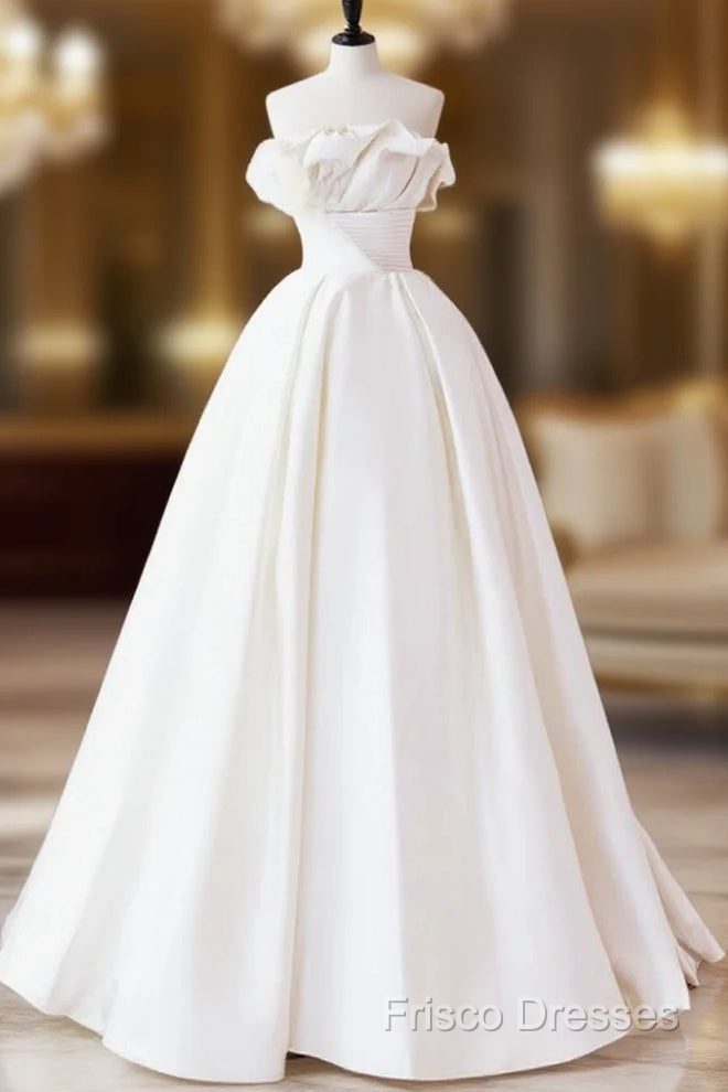 A-Line Satin Ivory Long Formal Prom Dress, Ivory Long Formal Dress Main image
