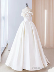 A-Line Satin Ivory Long Prom Dress, Ivory Long Evening Dress