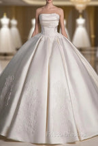 A-Line Satin Lace  ivory Long Wedding Dress, Lace Weeding Party Dress