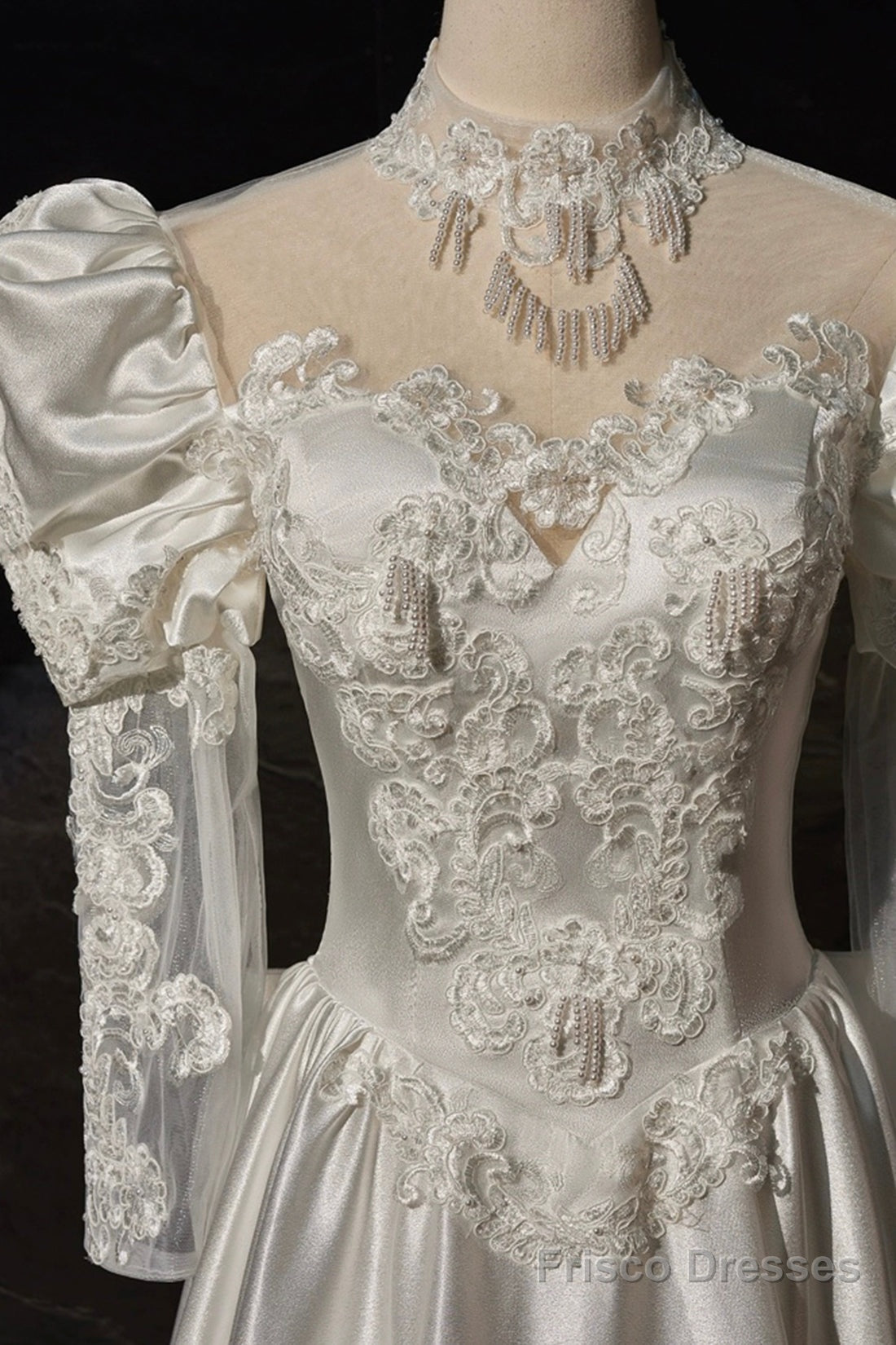 A-Line Satin Lace Long Sleeve Prom Dress, Elegant White High Neck Evening Prom Dress Secondary image