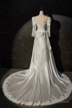 A-Line Satin Lace Long Sleeve Prom Dress, Elegant White High Neck Evening Prom Dress