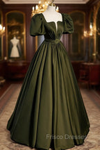 A-Line Satin Long Formal Prom Dress, Dark Green Short Sleeve Evening Graduation Dress