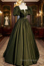 A-Line Satin Long Formal Prom Dress, Dark Green Short Sleeve Evening Graduation Dress