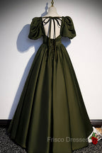 A-Line Satin Long Formal Prom Dress, Dark Green Short Sleeve Evening Graduation Dress