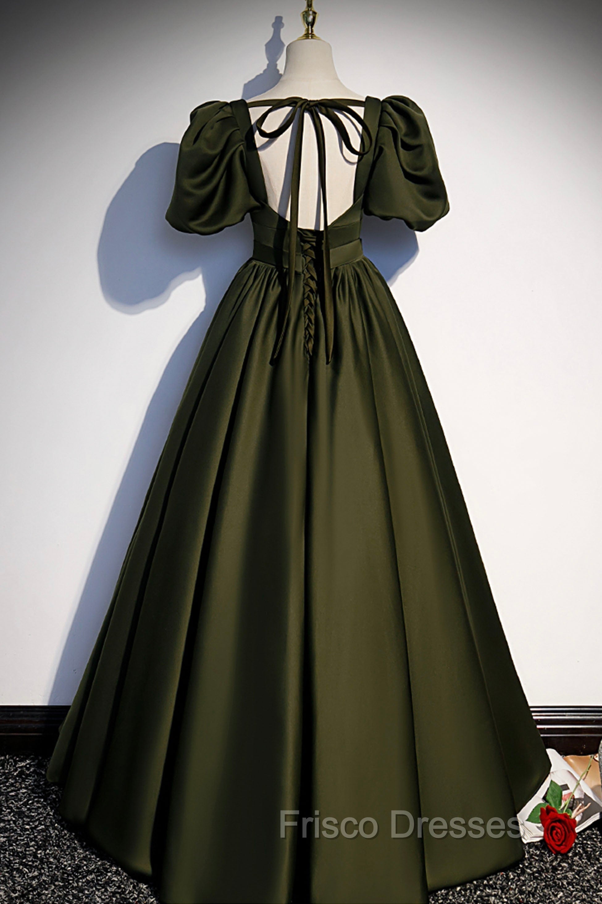 A-Line Satin Long Formal Prom Dress, Dark Green Short Sleeve Evening Graduation Dress