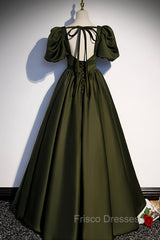 A-Line Satin Long Formal Prom Dress, Dark Green Short Sleeve Evening Graduation Dress