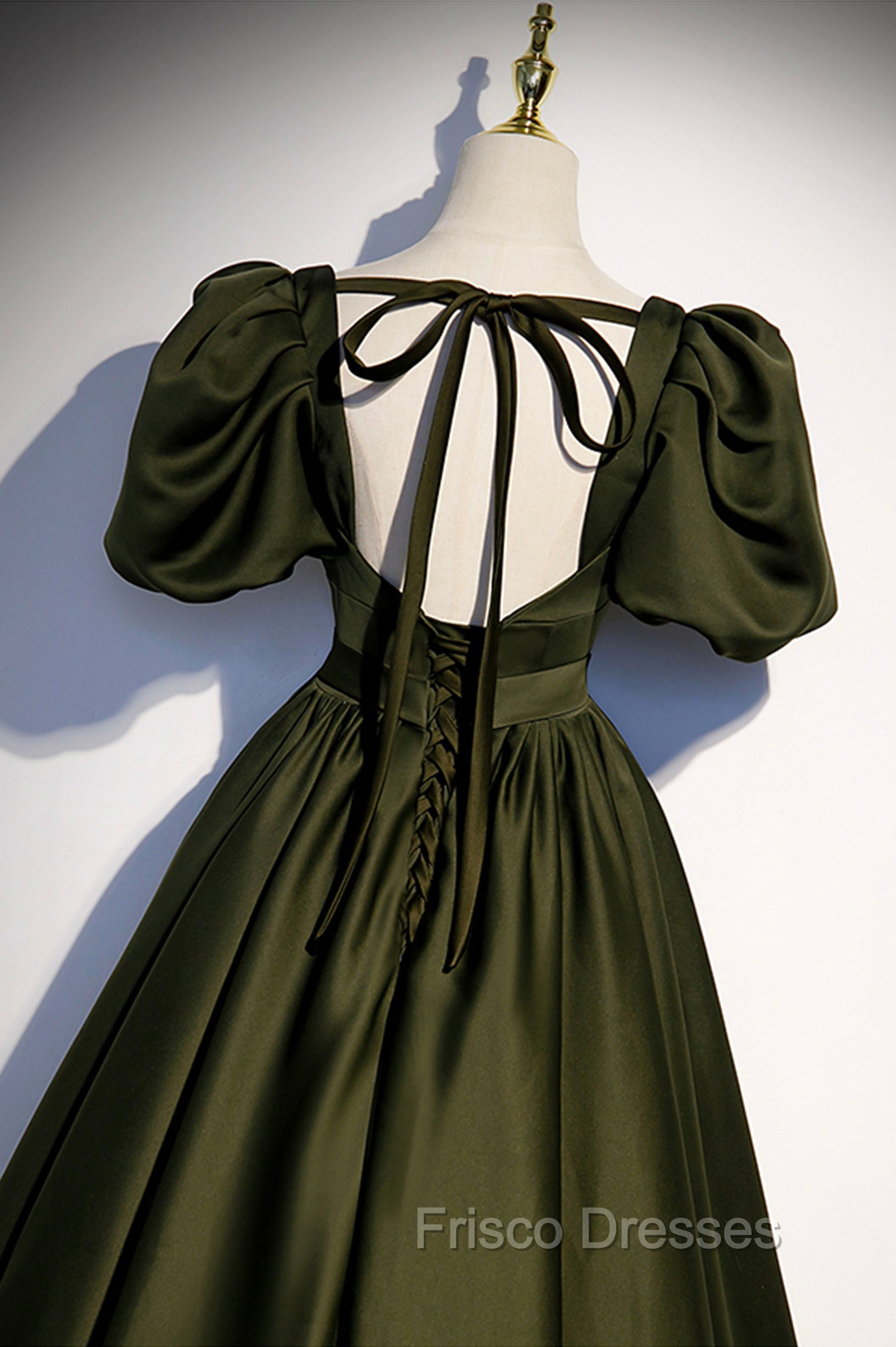 A-Line Satin Long Formal Prom Dress, Dark Green Short Sleeve Evening Graduation Dress