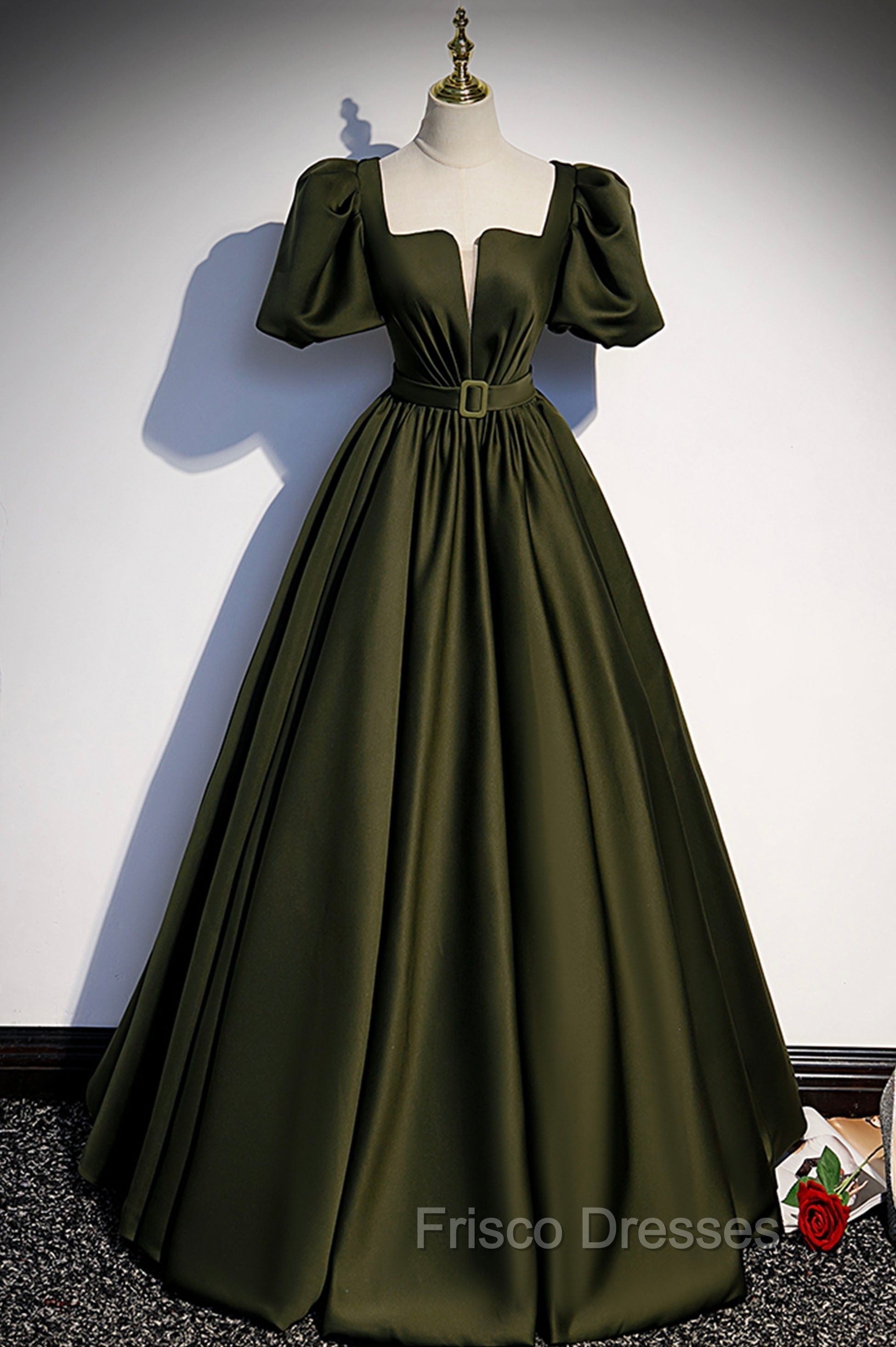 A-Line Satin Long Formal Prom Dress, Dark Green Short Sleeve Evening Graduation Dress Main image