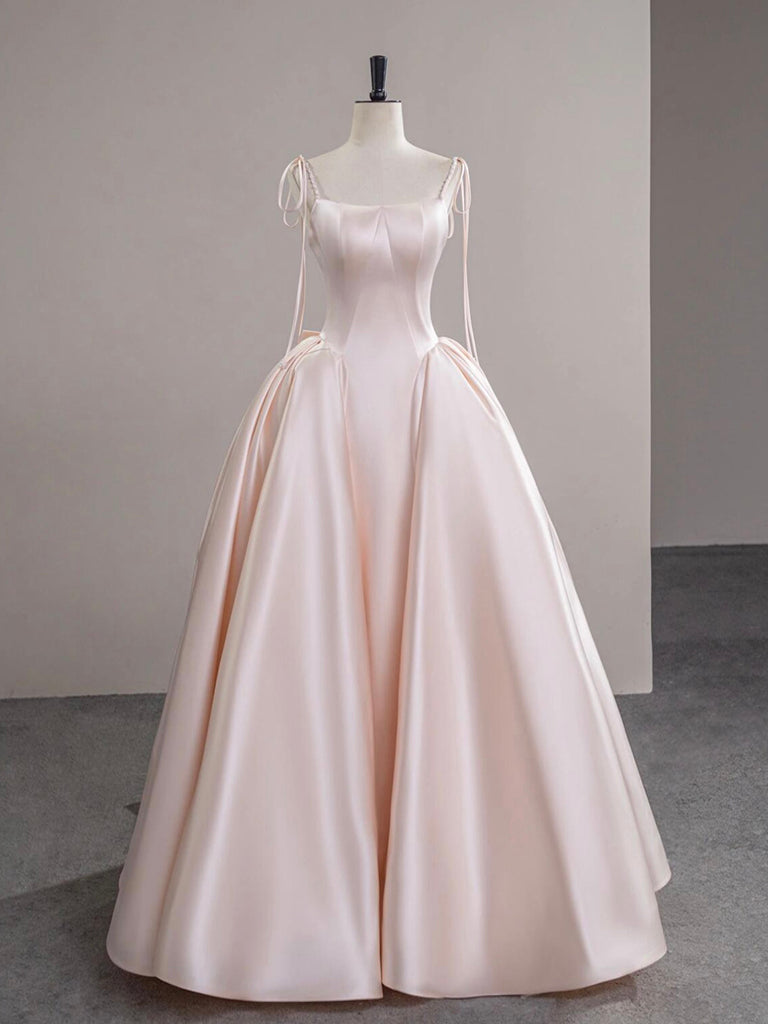 A-Line Satin Pink Champagne Long Prom Dress, Pink Champagne Long Evening Dress Main image