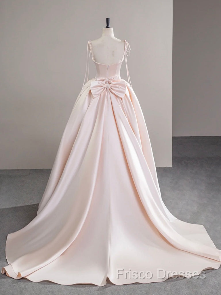 A-Line Satin Pink Champagne Long Formal Prom Dress, Pink Champagne Long Formal Dress