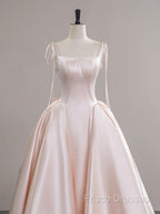 A-Line Satin Pink Champagne Long Formal Prom Dress, Pink Champagne Long Formal Dress