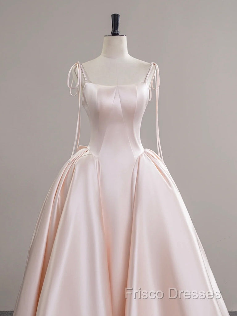 A-Line Satin Pink Champagne Long Formal Prom Dress, Pink Champagne Long Formal Dress