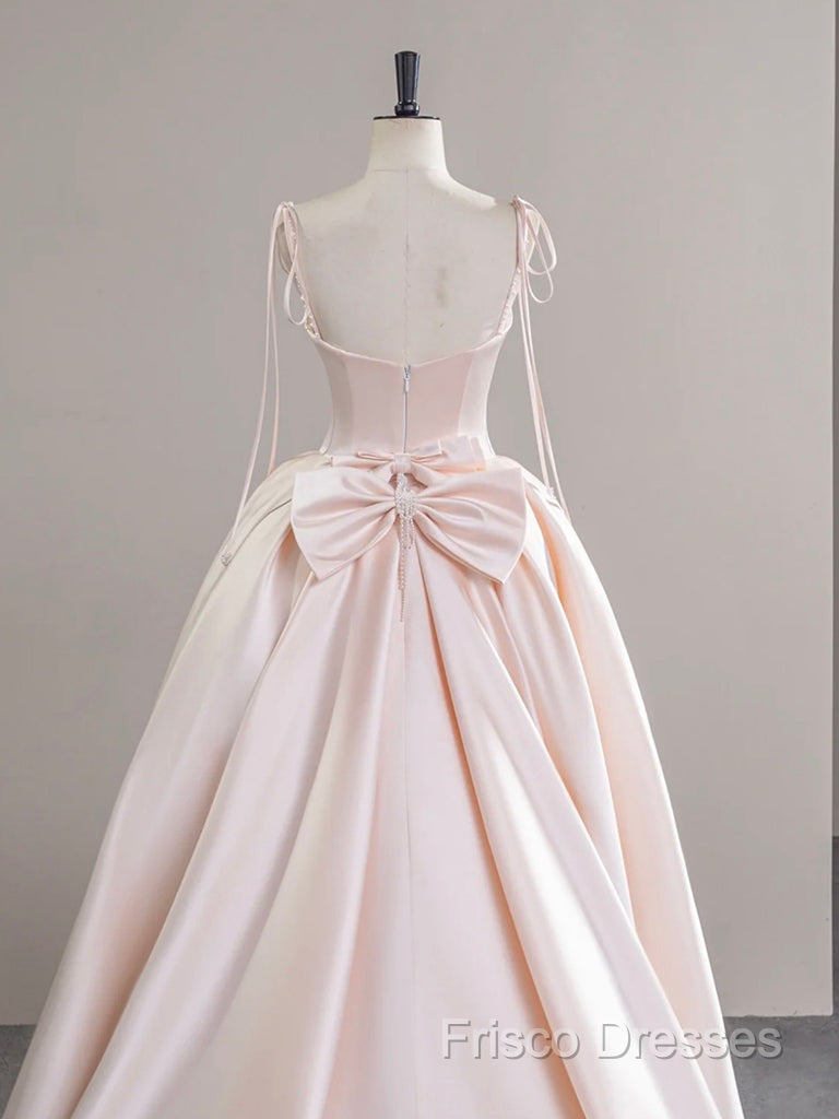 A-Line Satin Pink Champagne Long Formal Prom Dress, Pink Champagne Long Formal Dress