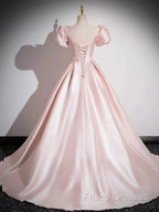 A-Line Satin Pink Quinceanera Dress Long Formal Prom Dress With Bows Short Sleeves