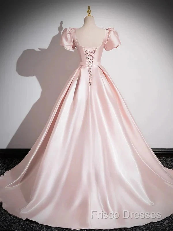 A-Line Satin Pink Quinceanera Dress Long Formal Prom Dress With Bows Short Sleeves