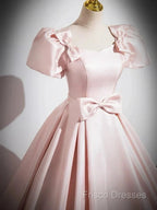 A-Line Satin Pink Quinceanera Dress Long Formal Prom Dress With Bows Short Sleeves