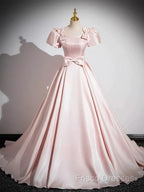 A-Line Satin Pink Quinceanera Dress Long Formal Prom Dress With Bows Short Sleeves