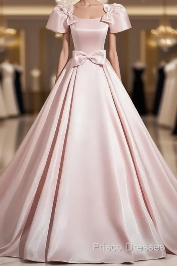 A-Line Satin Pink Quinceanera Dress Long Formal Prom Dress With Bows Short Sleeves Main image