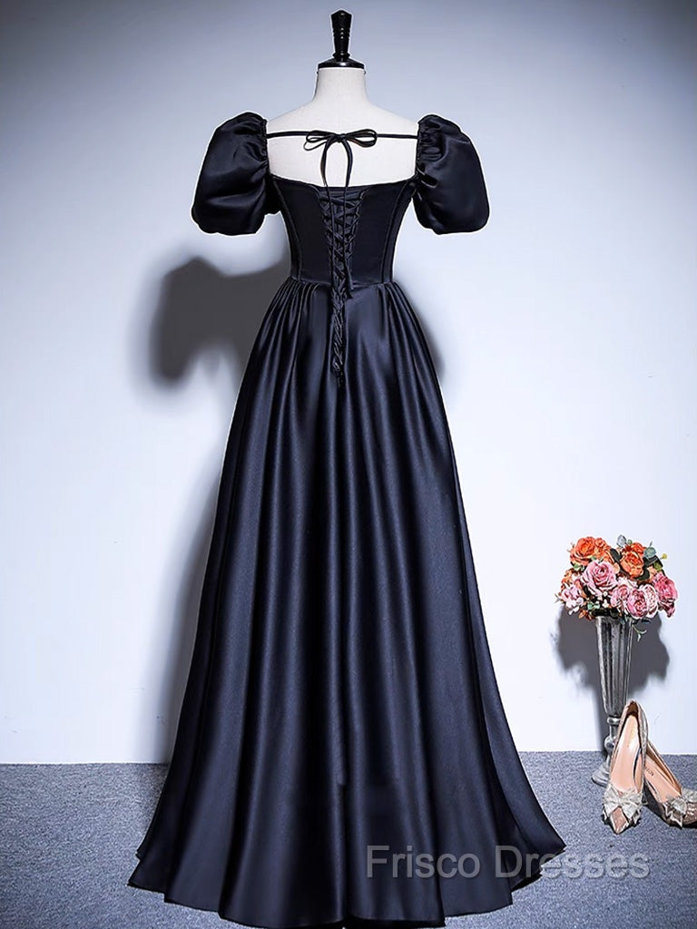 A-Line Satin Puff Sleeves Black Long Formal Prom Dress, Black Long Formal Dress Secondary image