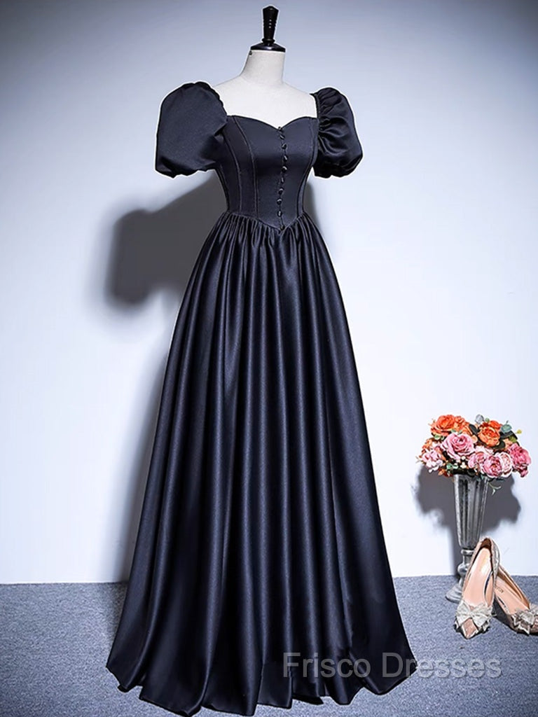 A-Line Satin Puff Sleeves Black Long Formal Prom Dress, Black Long Formal Dress