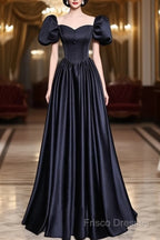 A-Line Satin Puff Sleeves Black Long Formal Prom Dress, Black Long Formal Dress