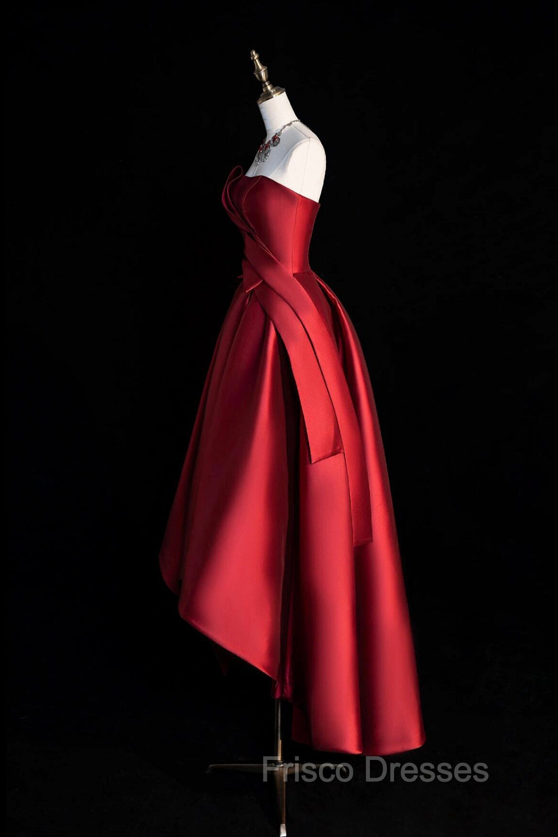 A-Line Satin Short Formal Prom Dress, Burgundy Strapless High Low Party Dress Secondary image