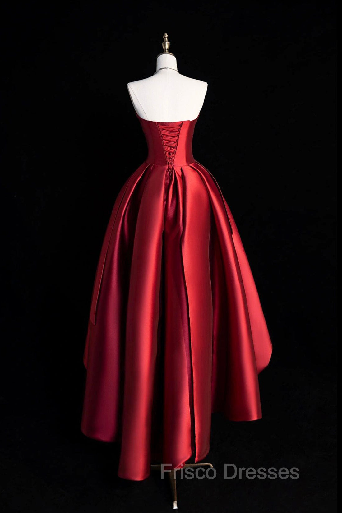 A-Line Satin Short Formal Prom Dress, Burgundy Strapless High Low Party Dress
