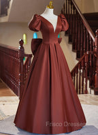 A-line Satin Short Sleeves Long Formal Prom Dress, Satin Simple Evening Dress