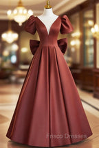 A-line Satin Short Sleeves Long Formal Prom Dress, Satin Simple Evening Dress