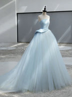 A-Line Satin Tulle Blue Long Prom Dress Formal Dress Off Shoulder Floor Length