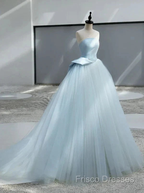 A-Line Satin Tulle Blue Quinceanera Dress Long Formal Prom Dress Ball Gown Off Shoulder