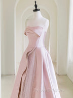 A-Line  Satin Tulle Pink Long Formal Prom Dress, Pink Long Formal Dress