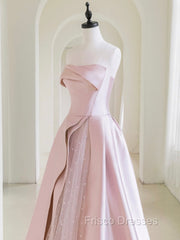 A-Line  Satin Tulle Pink Long Formal Prom Dress, Pink Long Formal Dress